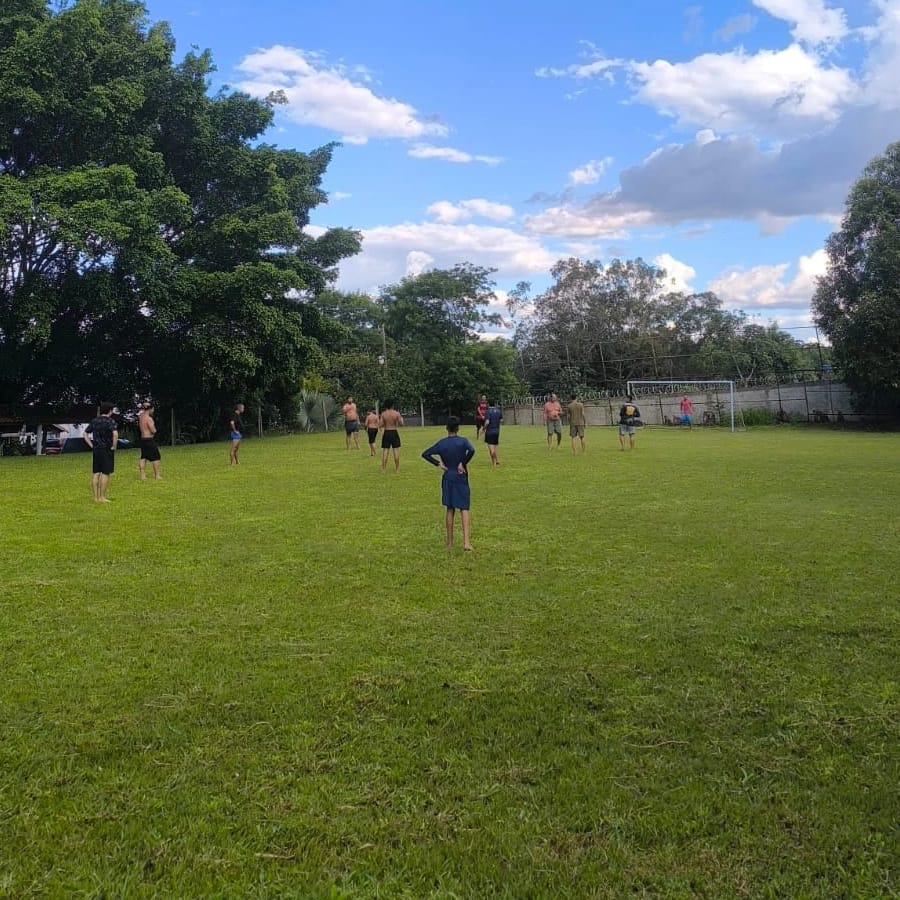 Campo de futebol gramado, com trave, árvores e uma pelada em andamento