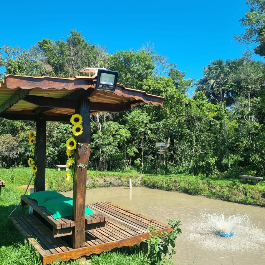 Deque de pesca coberto na beira do lago